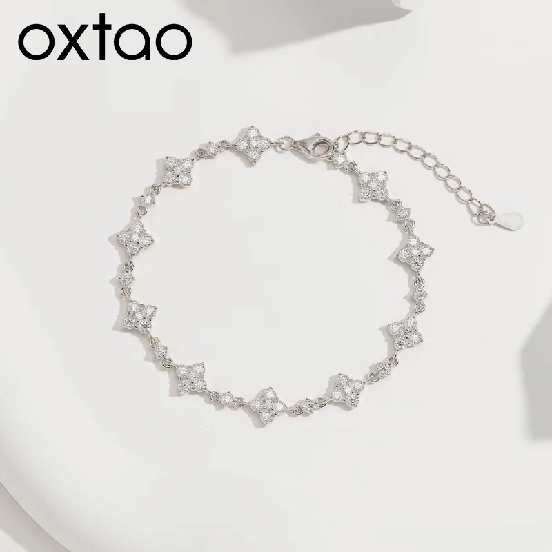

Классический браслет OXTAO с муассанитом в цветочном стиле для женщин, позолоченный 14-каратным золотом, с цветком клевера и четырехлистным клевером, роскошное свадебное украшение