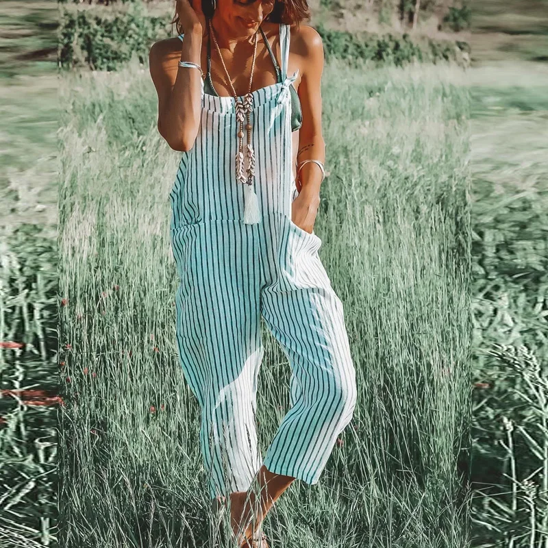 

Women's Fashion Striped Pocket Wide Leg Trousers Summer New Casual Sleeveless Straight Jumpsuits Vintage Lady Sling Loose Romper