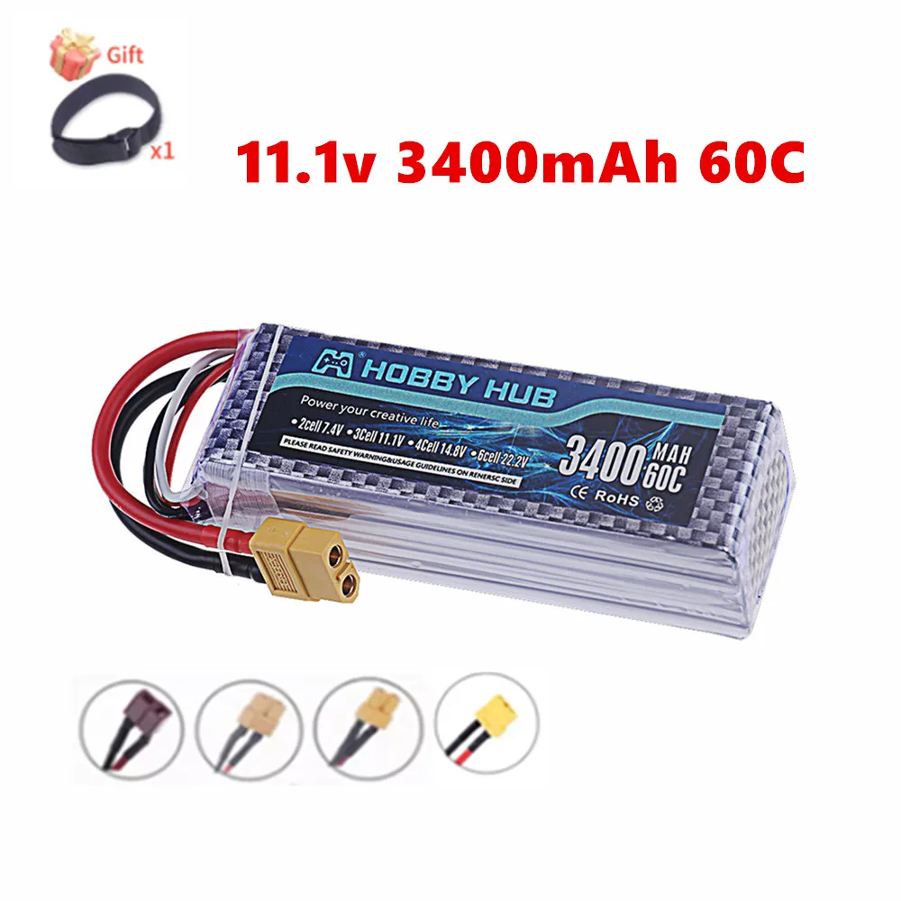 Batterie LiPo 3s 11.1V 3400mAh 60C avec connecteur XT60 T Deans pour camion, voiture, hélicoptère, Drone, bateau, jouets RC, batterie 11.1v