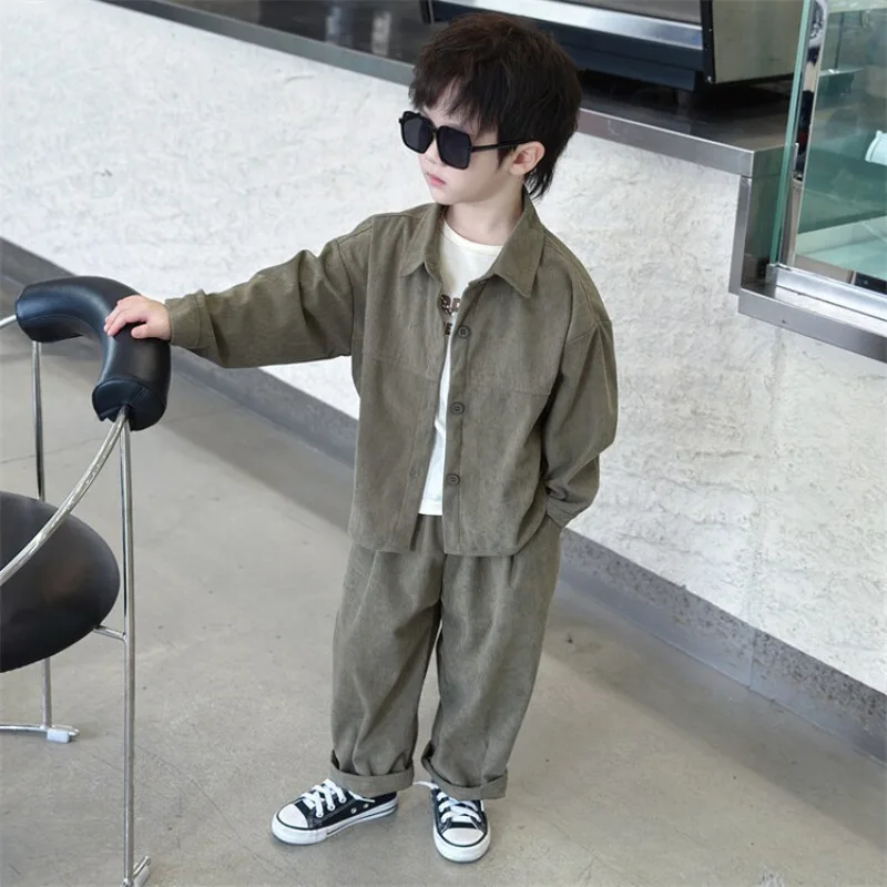 Boys Child Corduroy Sets 2026 Spring Turn-down Collar Shirt + Pants Kids 2Pcs Stylish 2-7Y Baby Boy Loose Casual Clothes Set