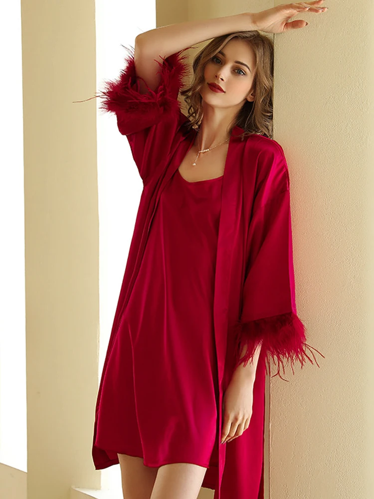 Kimono Bride Bridesmaid Robe Loungewear Wedding Bathrobe Gown Feather Women Embroidery Letter Sleepwear Short Satin Nightgown