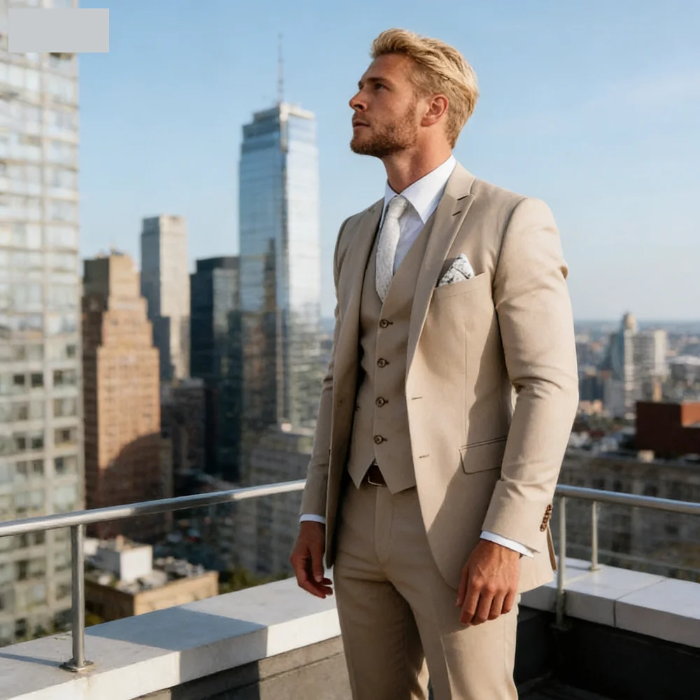 

Men's 3 Piece Slim Fit Tuxedo Suits Business Wedding Party Elegant Blazer Vest Pants Set Solid Color Trendy Men's Clothing