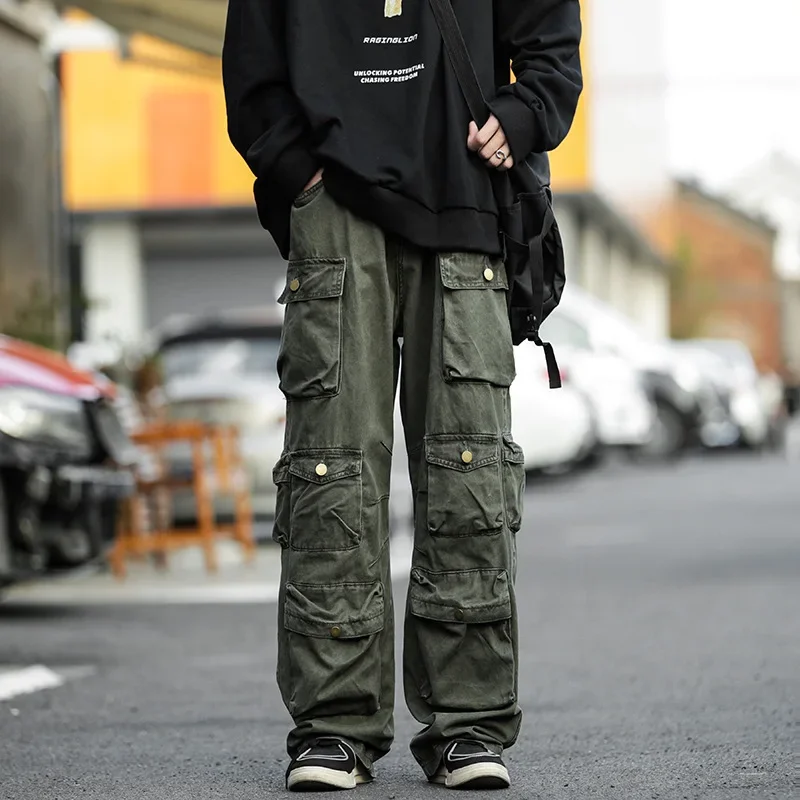 Vintage Style Casual Trousers Loose Fit Straight Leg Multi Pocket Cargo Pants For Men American Street Vibe High Street Fashion