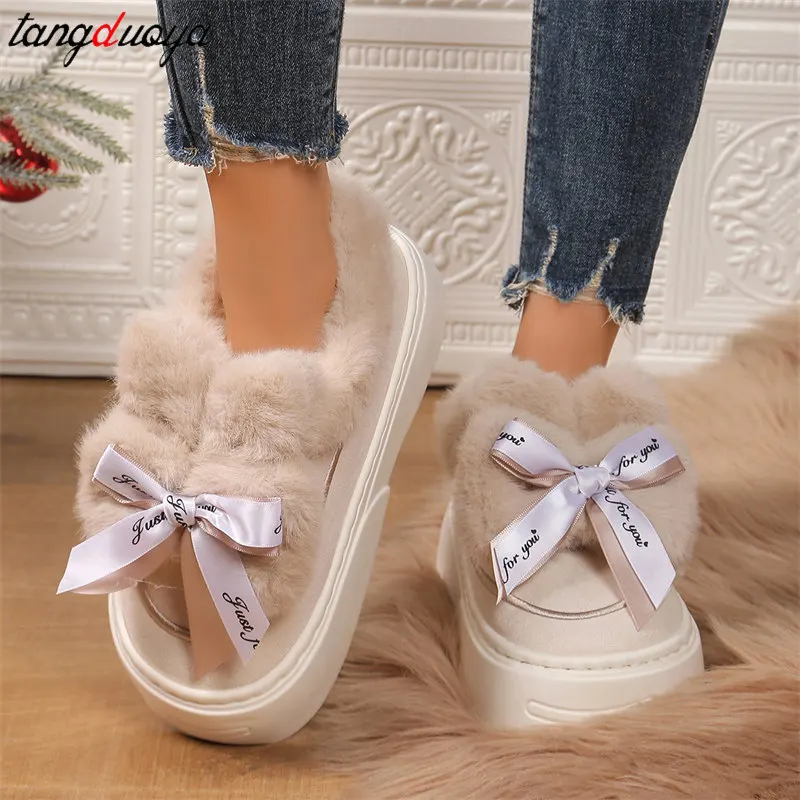 Women\'s Winter Snow Boots Platform Plus Velvet Warm Cotton Shoes Ladies sweet Bow Designer Non-Slip Short Boots Zapatos De Mujer