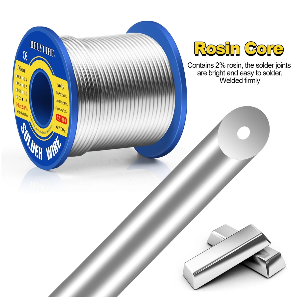 300G ลวดเชื่อม Tin 63/37 0.5/0.6/0.8/1.0/1.2/1.5/2.0มม.Rosin บัดกรีลวดเชื่อมม้วน No-Clean Flux 2.0%