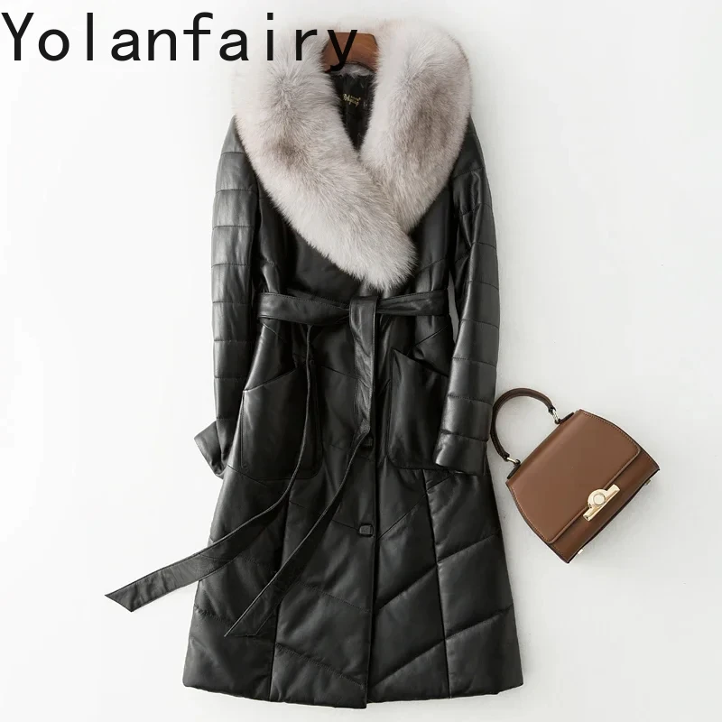 Genuine Sheepskin Leather Down Jacket Women Winter 23 Elegant Mid-length Down Coats Fox Fur Collar Loose Leather Jackets Lace-up