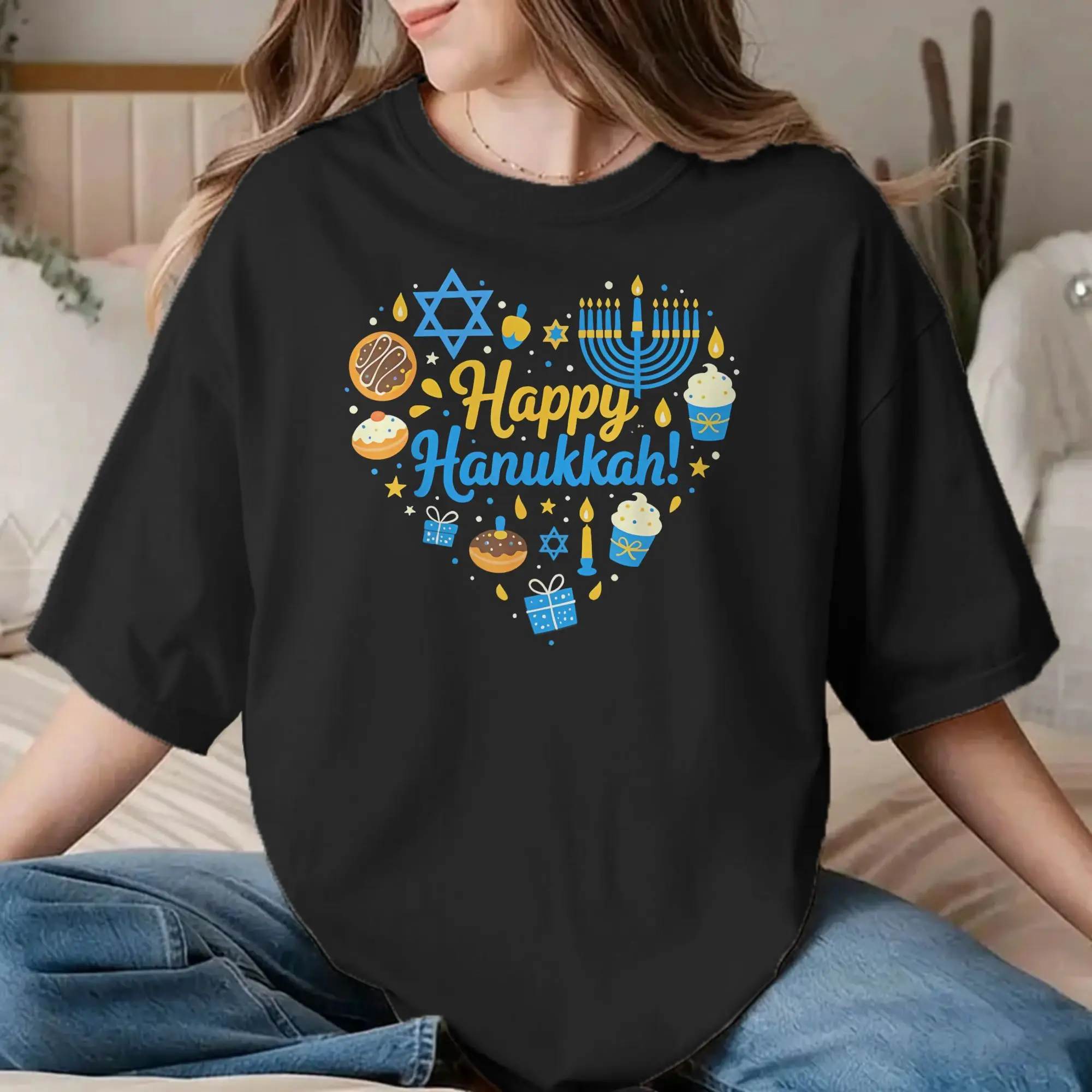 Happy Hanukkah T-Shirt Men Women Menorah Candle Funny Cotton Tees O Neck Short Sleeve T Shirt Gift Idea Clothing