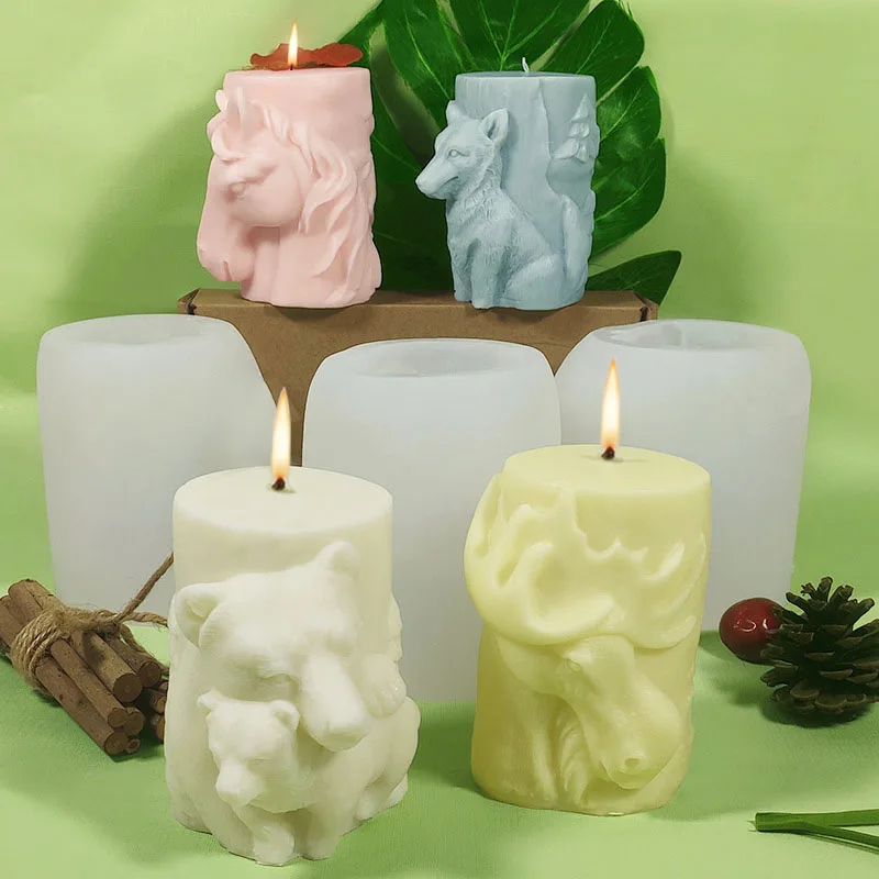 

Stump Shaped Animal Relief Cylindrical Candle Silicone Molds DIY Bear Horse Wolf Cylinder Plaster Soap Resin Moulds Home decor