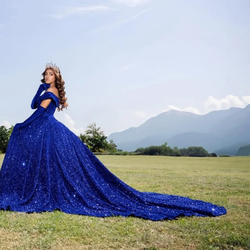 Personalizado brilhante azul royal quinceanera vestidos fora do ombro lantejoulas cristal cauda longa vestido 15 quinceanera