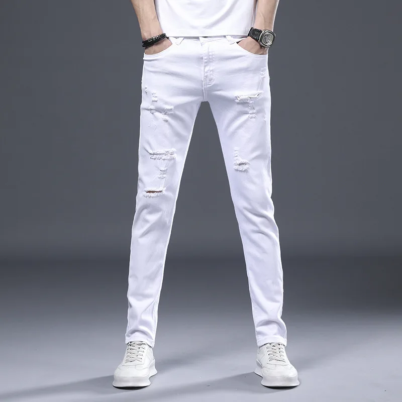 2022 Classic Smart Casual Retro Mens Jeans Brand Spring Summer for Men Solid Color Full Length White Color Sale Pencil Pants