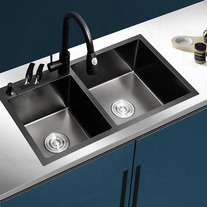 Tarja Para Cocina 304 Stainless Steel Double Bowl Matte Surface One Hole Kitchen Sink Modern Luxury Multifunctional Handmade