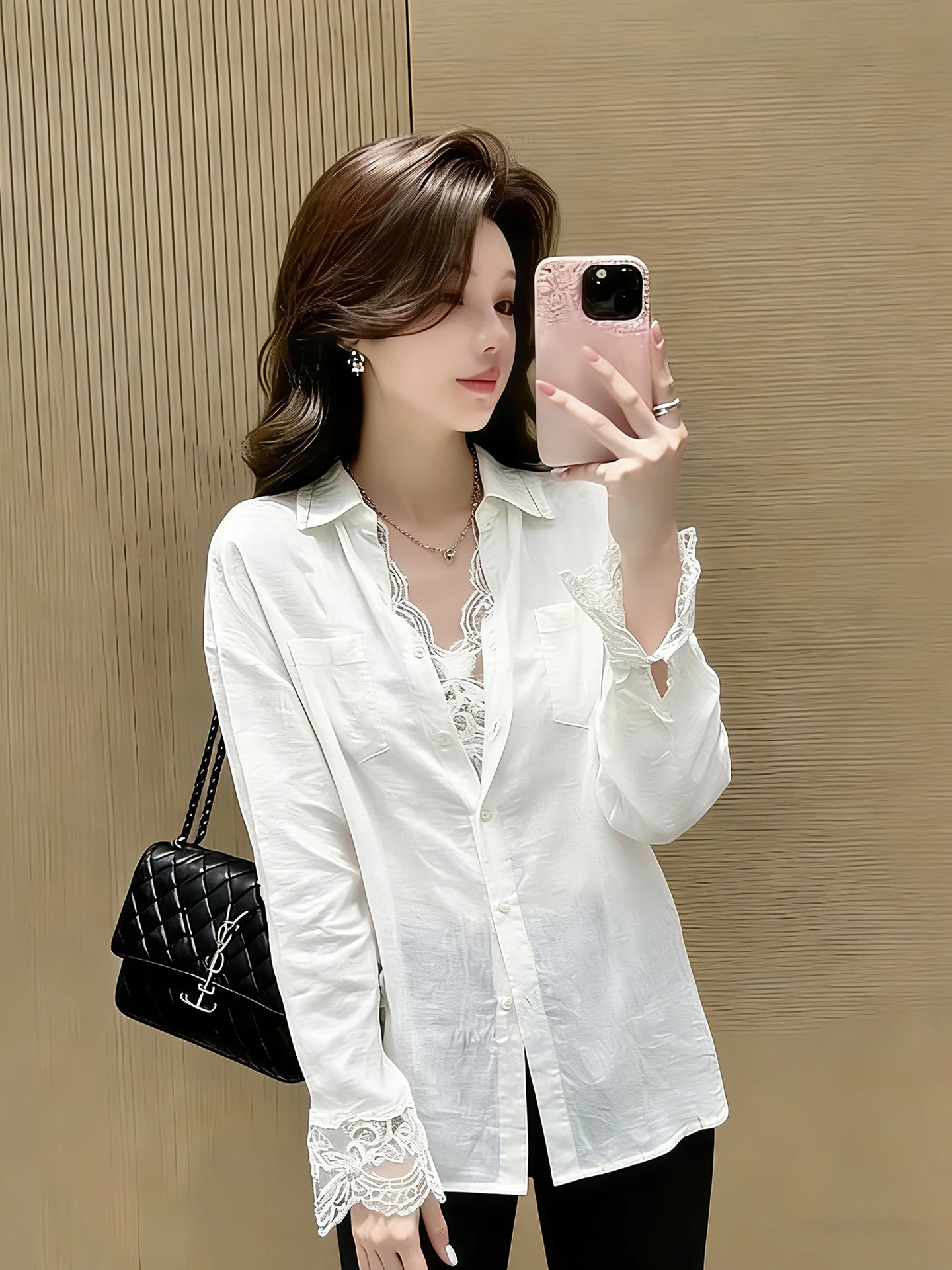 

Elegant Lace Splice Long Sleeve Shirt Women's Premium Pure Desire Style Commute Korean Version Straight Cut Summer 2026