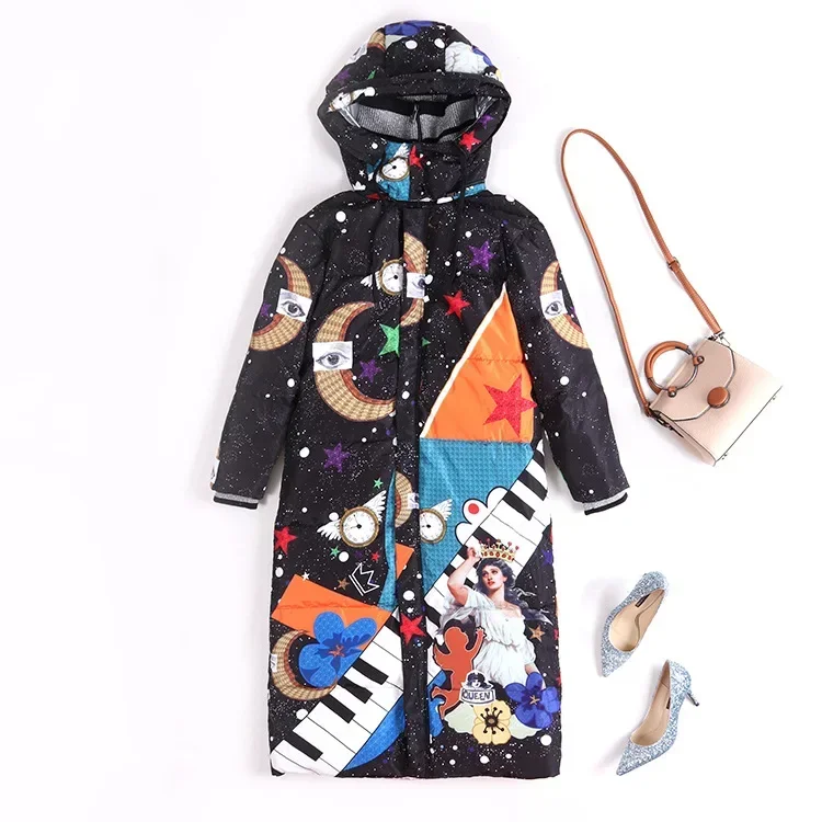 2024 Winter New Arrival Print Top Quality White Duck Down Warm Jacket Long Down Coat Women Thick Loose Female Overcoat