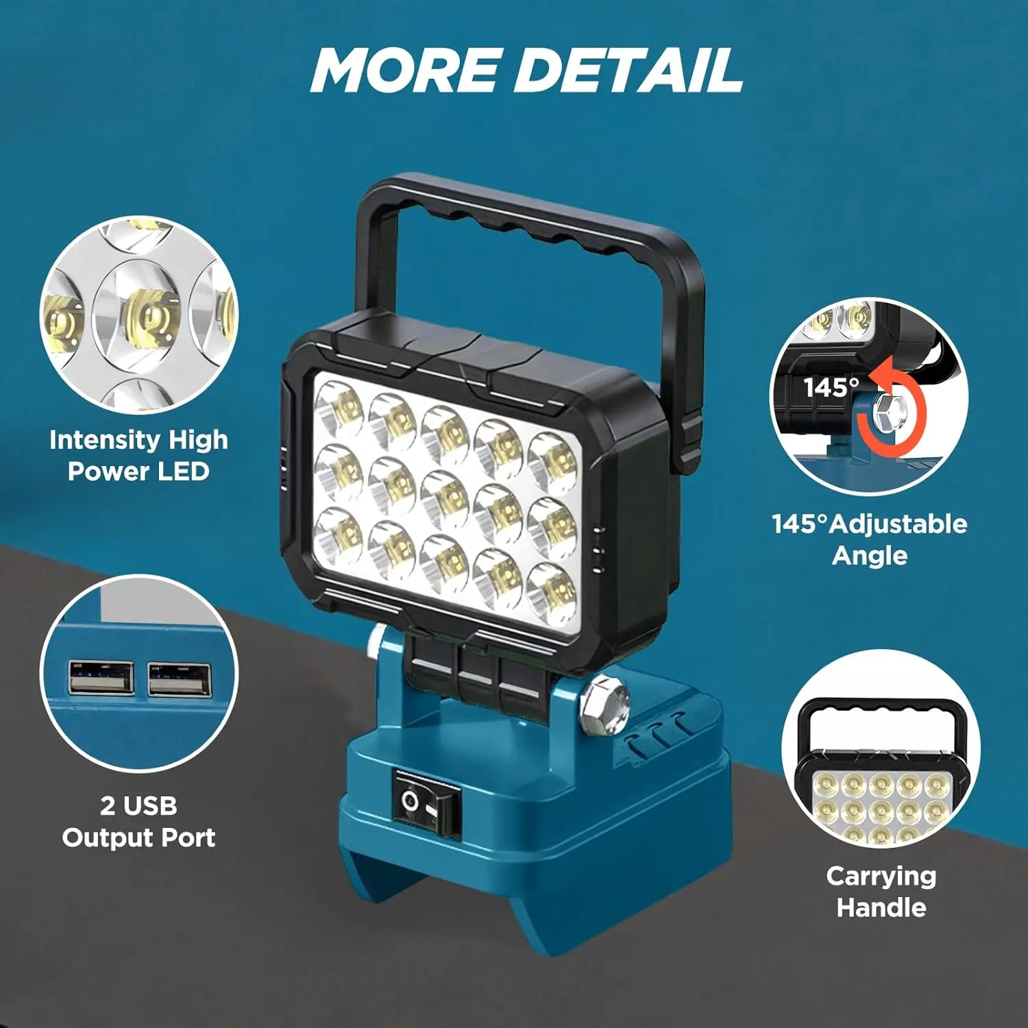 Kabellose LED-Arbeitsleuchte für Makita 18V Li-Ionen-Akku Flutlicht mit 2 USB-Anschlüssen Tragbare LED-Taschenlampe für Bauarbeiten – Detail 9