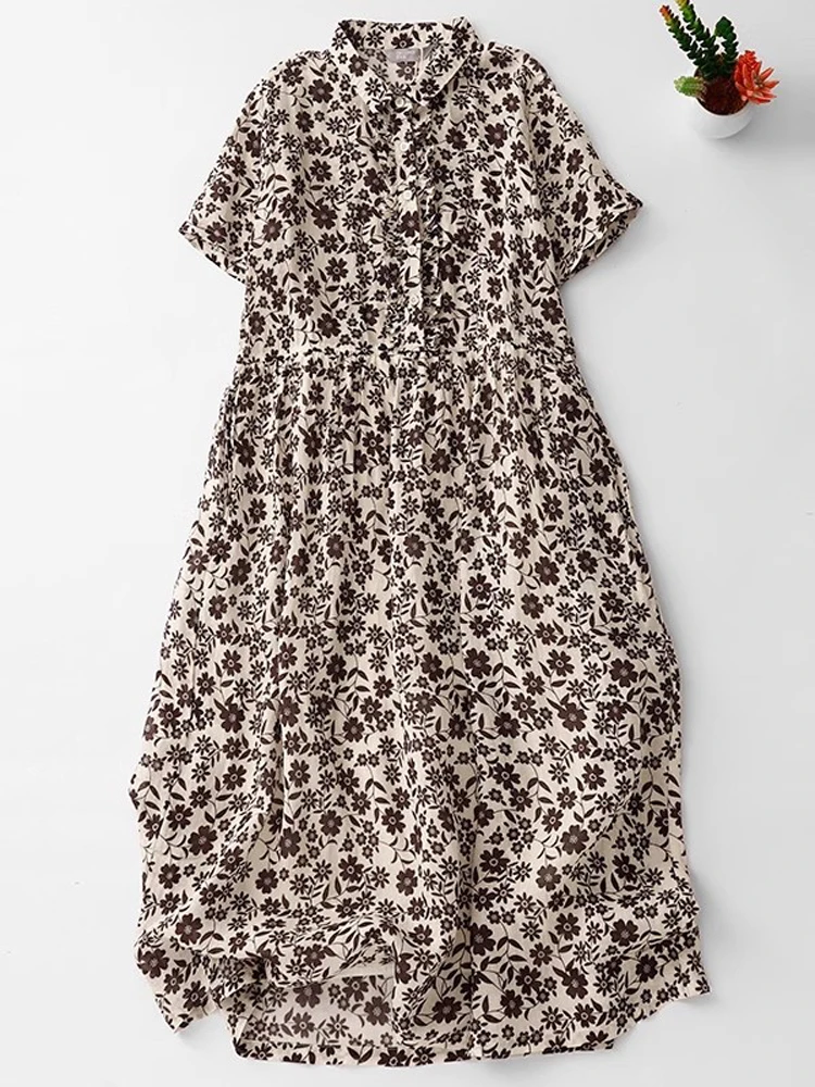 

2025 New Summer Korean Style Women Clothing Polo Collar Single Breasted Short Sleeve Holiday Beach Midi Dress Floral Vestidos