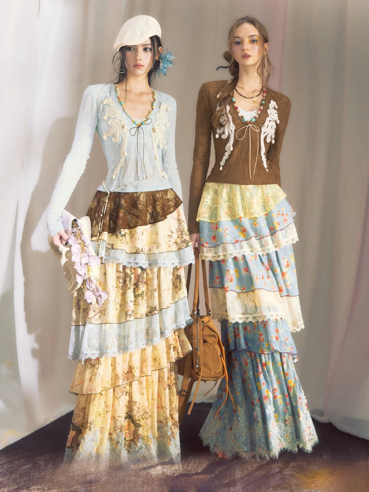 

OfAkiva Blue Dan Heavy Work Beaded Color Blo Lace Top Skirt Set Cake Skirt High Waist Elastic Long Sve Slim Fit Spring S...