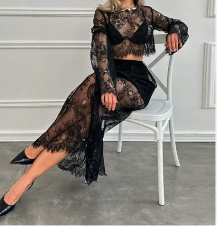 

Spring/Summer Sensual Allure: Sexy Black Perspective Brocade Lace Long-Sleeve Loose Casual Round-Neck Top Paired with a High-Wai