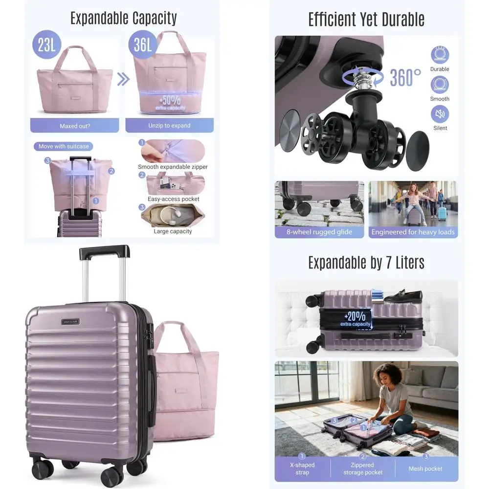 

Набор чемоданов с твердой поверхностью, 22x14x9, расширяемый, замок TSA, легкий на колесах, 2 предмета, розово-фиолетовый