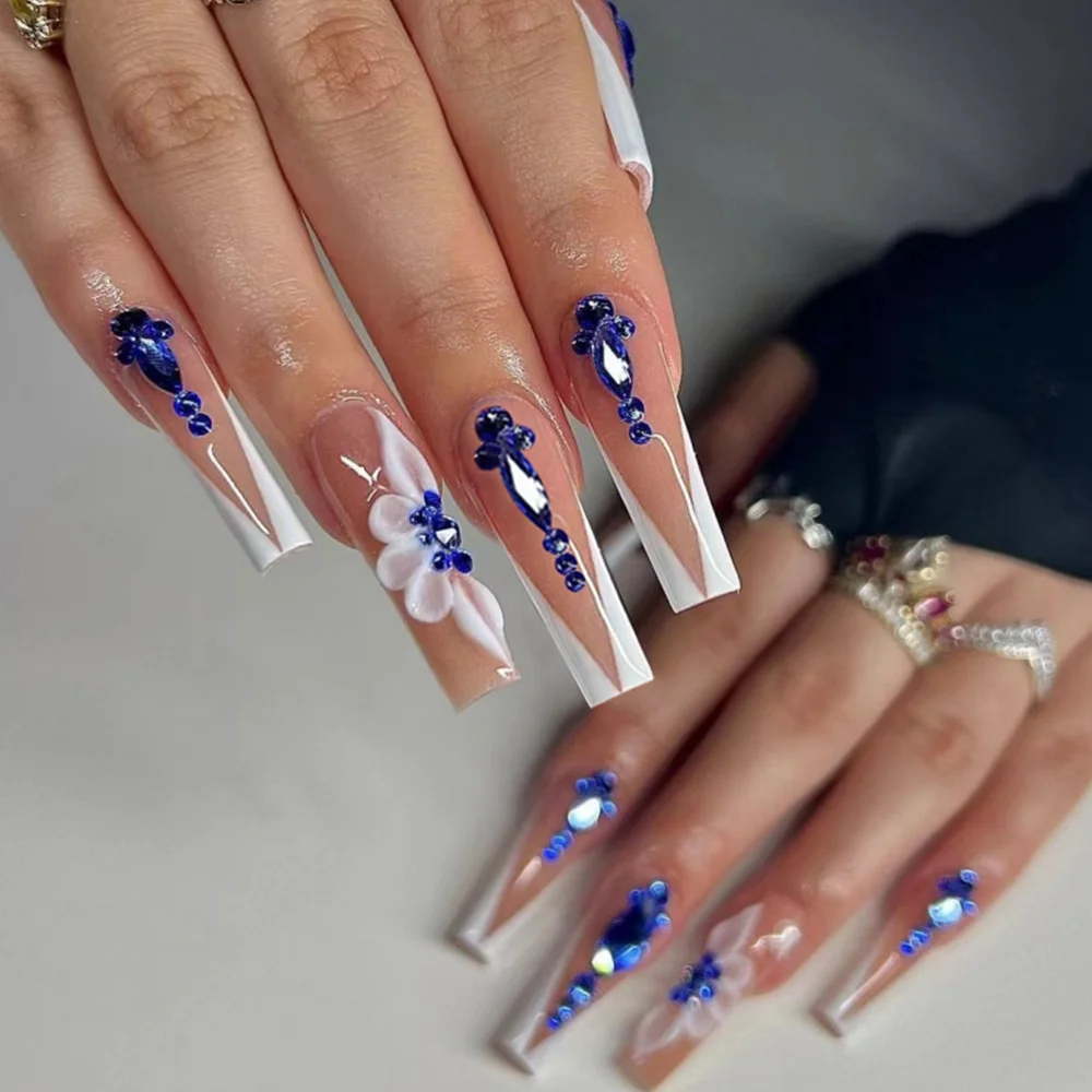 

French V-shape False Nails Set Long Ballerina Fake Nail Tips with Royal Blue Rhinestone Embellished Fashion Flower Manicure