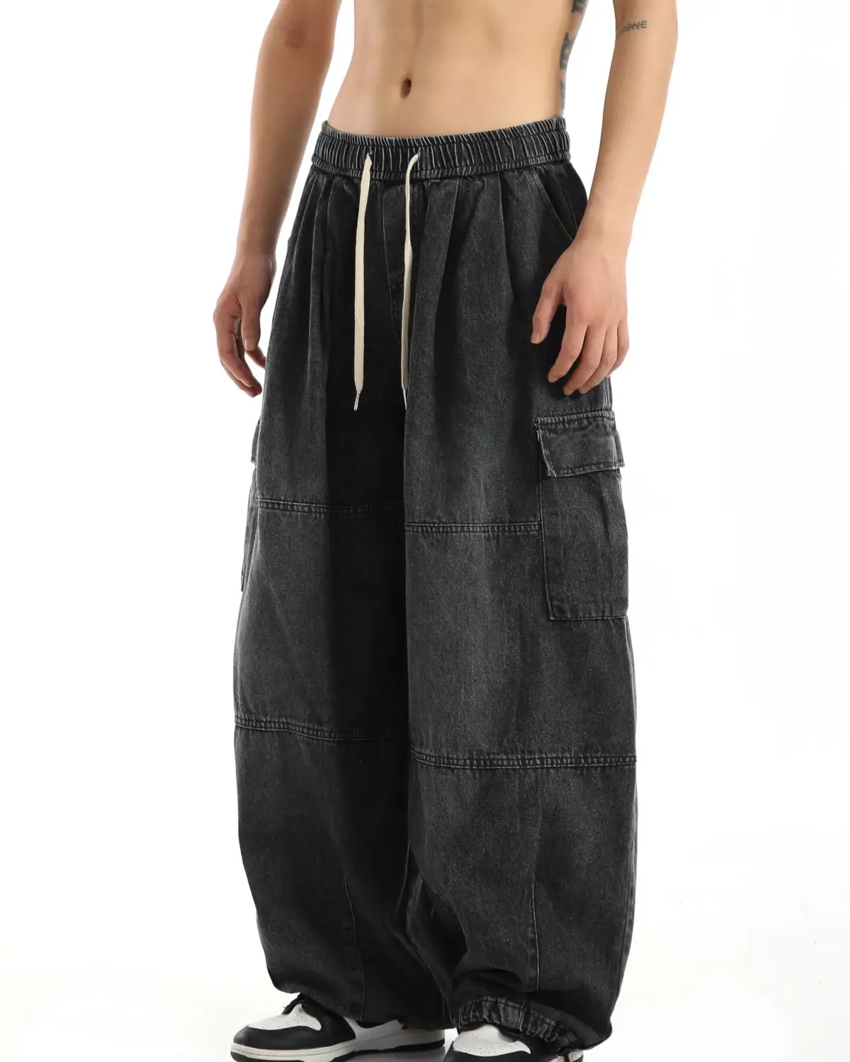Schwarze Baggy-Cargohose für Herren, lässig, weites Bein, Jogginghose, Übergröße, Vintage, gerade, lockere Arbeitsjeanshose, weicher Komfort – Detail 7