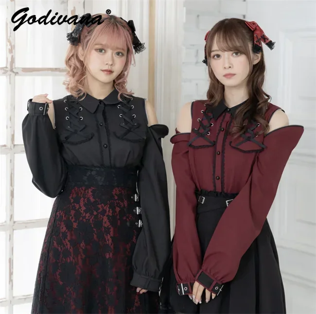 

2023 Autumn New Japanese Lolita Off Shoulder Shirt Women's Lace-up Bow Slimming Long Sleeve Blouse Top Sweet Blusas