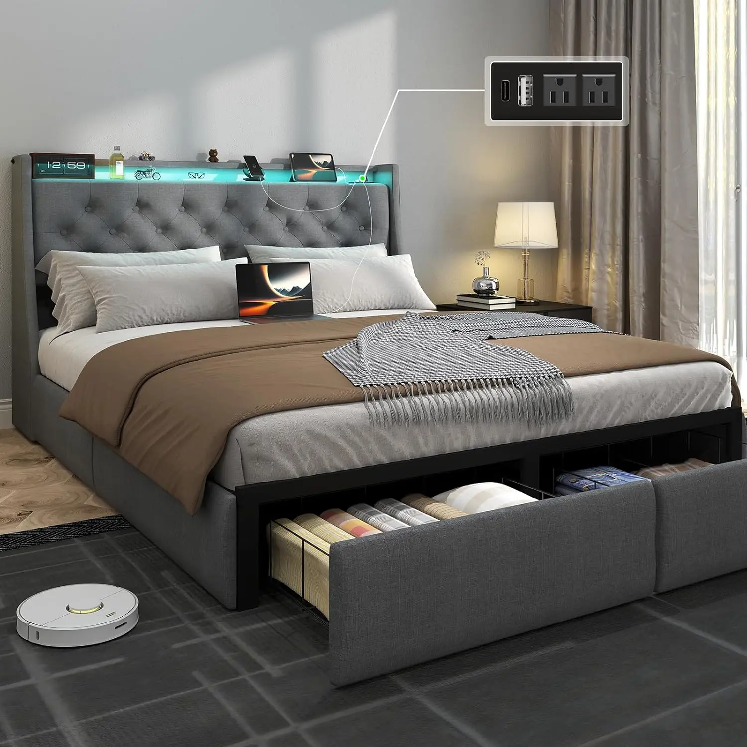 

Full Size Metal Platform Bed with Storage Headboard, 2 Drawers, LED Light, Charging Station, No Box Spring, Noise-Free, Grey