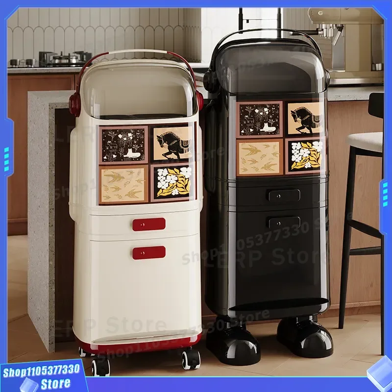 Vintage Style Large Capacity Kitchen Trash Can Vertical Multi Layer Dry Wet Separation Movable Flip Lid Food Waste Bin for