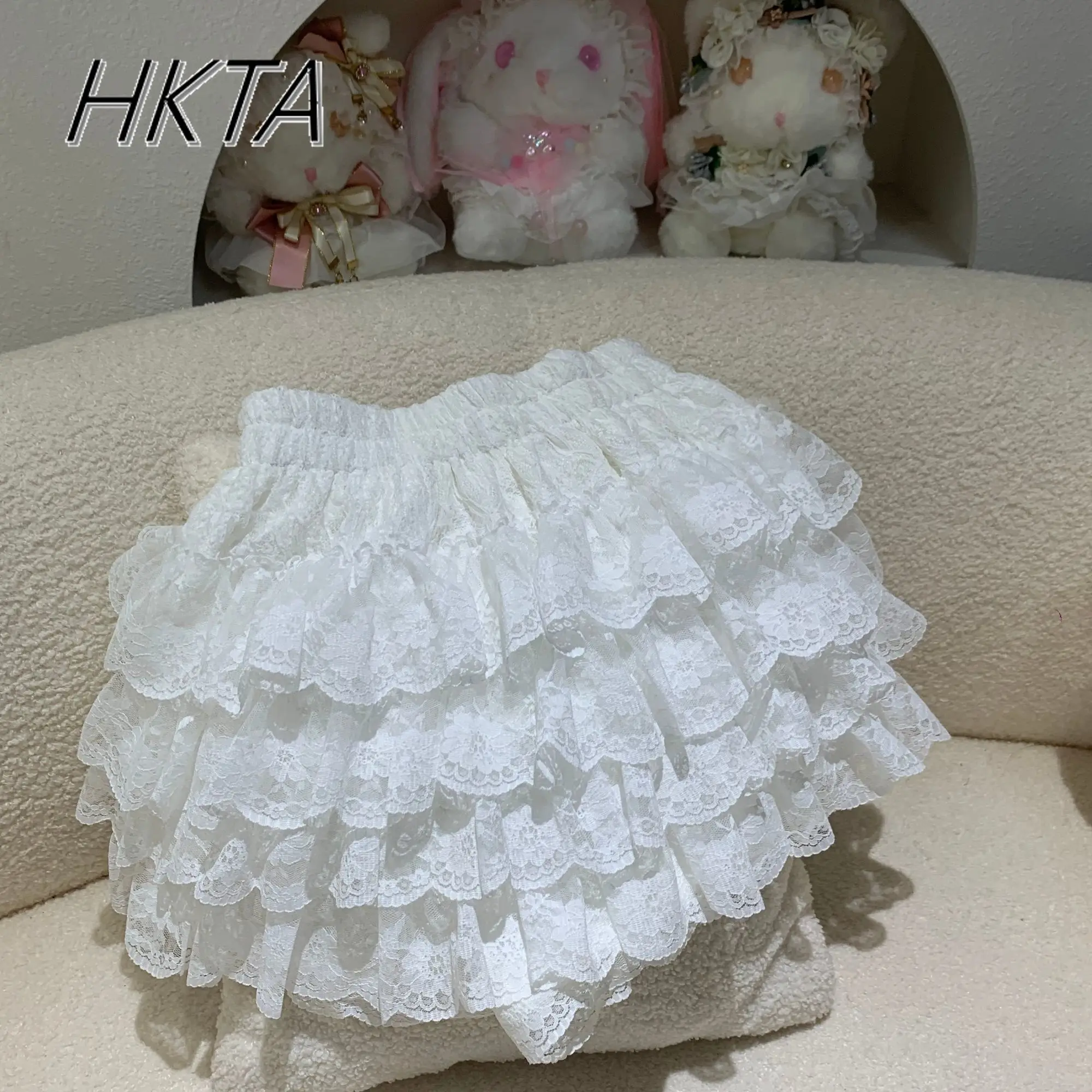 달콤하고 귀여운 캐스케이드 화이트 퍼프 숏 스커트 퀼로트 여성 카와이 캐주얼 하이웨이스트 레이스 여름 케이크 로리타 버드 미니 스커트 소녀