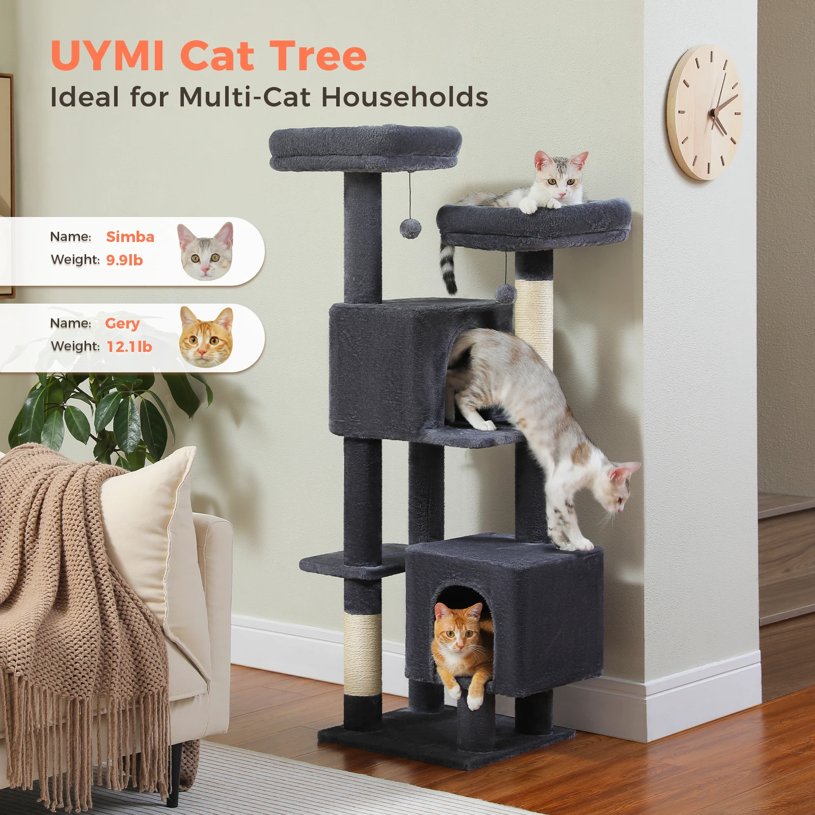 133 cm Katzenbaum – Multifunktionaler Spielplatz mit gemütlichem Katzenklo & Sisal-Kratzstämmen für Mehrkatzen-Haushalte, Liegeplätze, verspielte Pompons für Hauskatzen