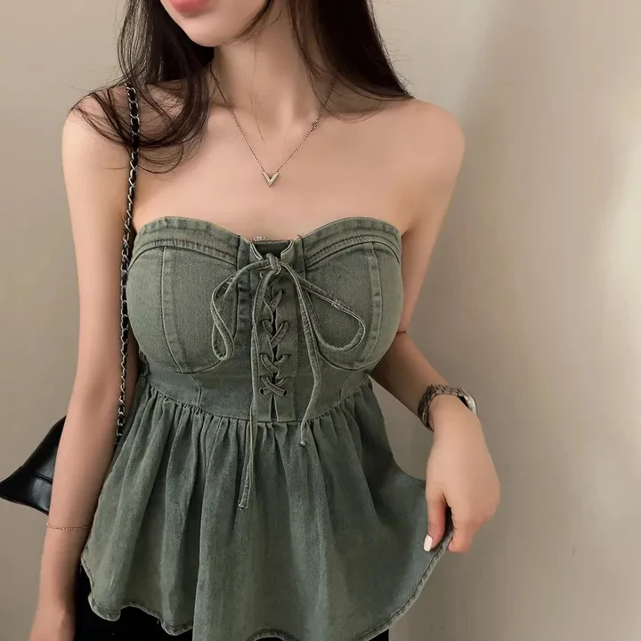 Sexy Strapl Denim Vest Top Women's Spring Summer Slim Fit Trendy Korean Sle Hot Girl Design Binding Waist Wrap Chest