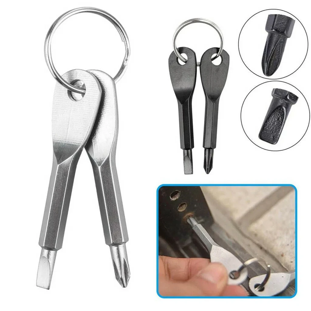 2pcs Portable Phillips & Slotted Screwdriver Key Ring Set - Multi-Functional Mini Pocket Repair Tool Gadget