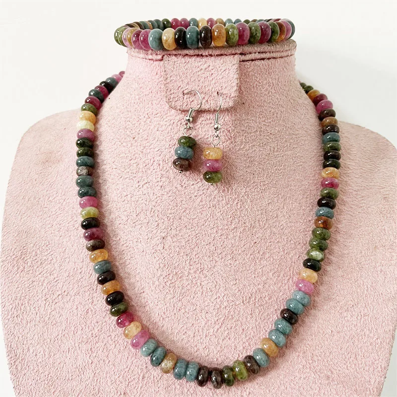 

Rare 5*8MM Tourmaline Natural Stone Jewelry Set Colorful Bead Necklace Earrings Bracelet Chain Choker Trendy Simple Design Party
