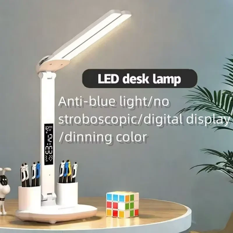 Rechargeable LED Clock Dimmable Desk Lamp 180° Rotation Foldable Desktop Reading Night Light Eye Protection New USB