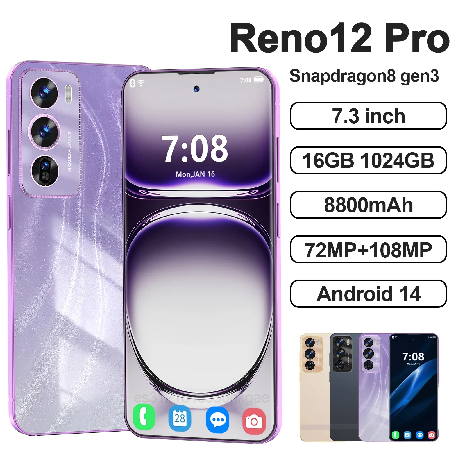 Original Reno12 Pro Smartphone 7.3inch Global Version 16G+1TB Snapdragon 8gen3 Android14 72+108MP 4GCellphone Mobile Phone NFC