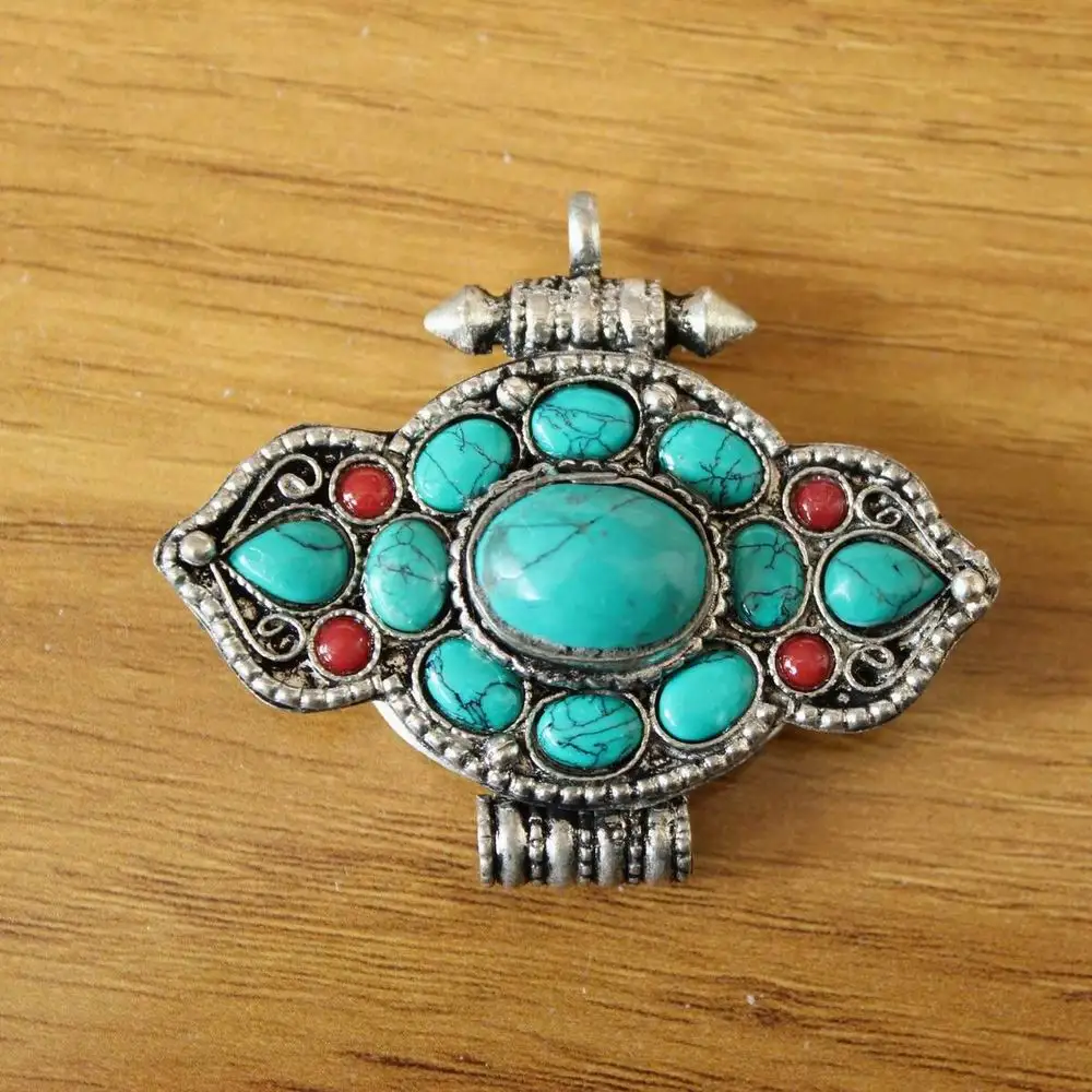 PN282 Tibetan Silver Inlaid Turquoises Stone Prayer Box Gau Amulet Pendant For Woman 2023 New Arrival