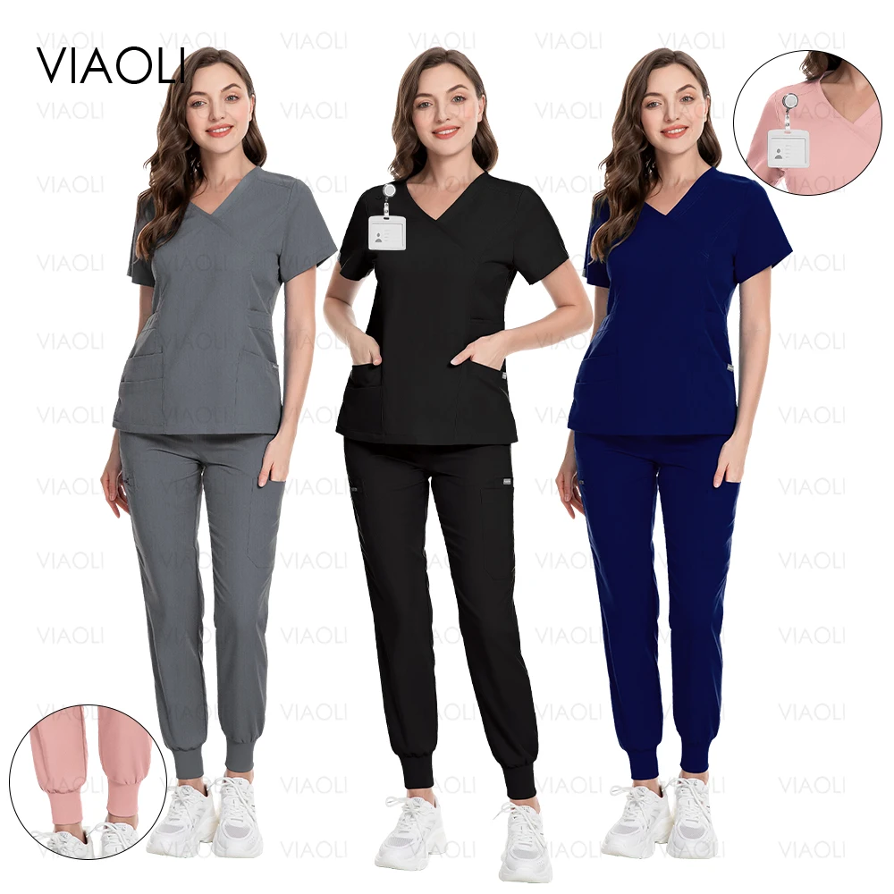 

Many Pockets Surgical Uniforms Woman Scrub Set Medical Nurse Clinical Scrubs Tops Pant Beauty Salon Workwear Doctor Nursing Suit