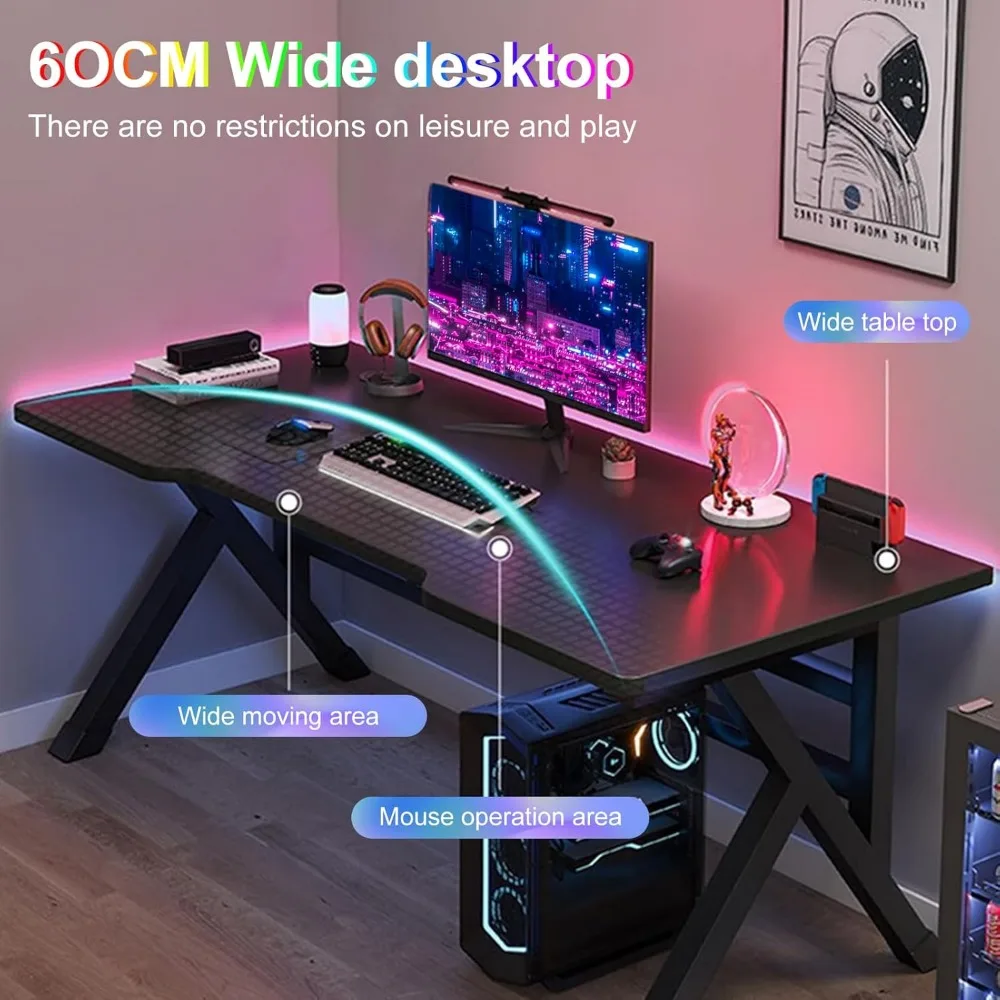 40 Inch K-shaped Gaming Table with 2 Cable Holes, Adjustable Legs, Ergonomic Gaming Player Computer Desk