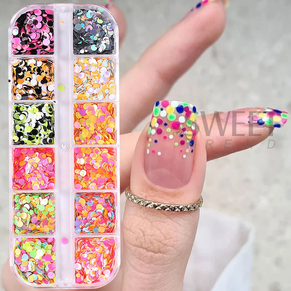 12 Grids Fluorescent Round Sequins Nail Glitter Sparkle Bubble Circle Flakes Polka Dot Design Slice Spangles Holo Manicure Decor