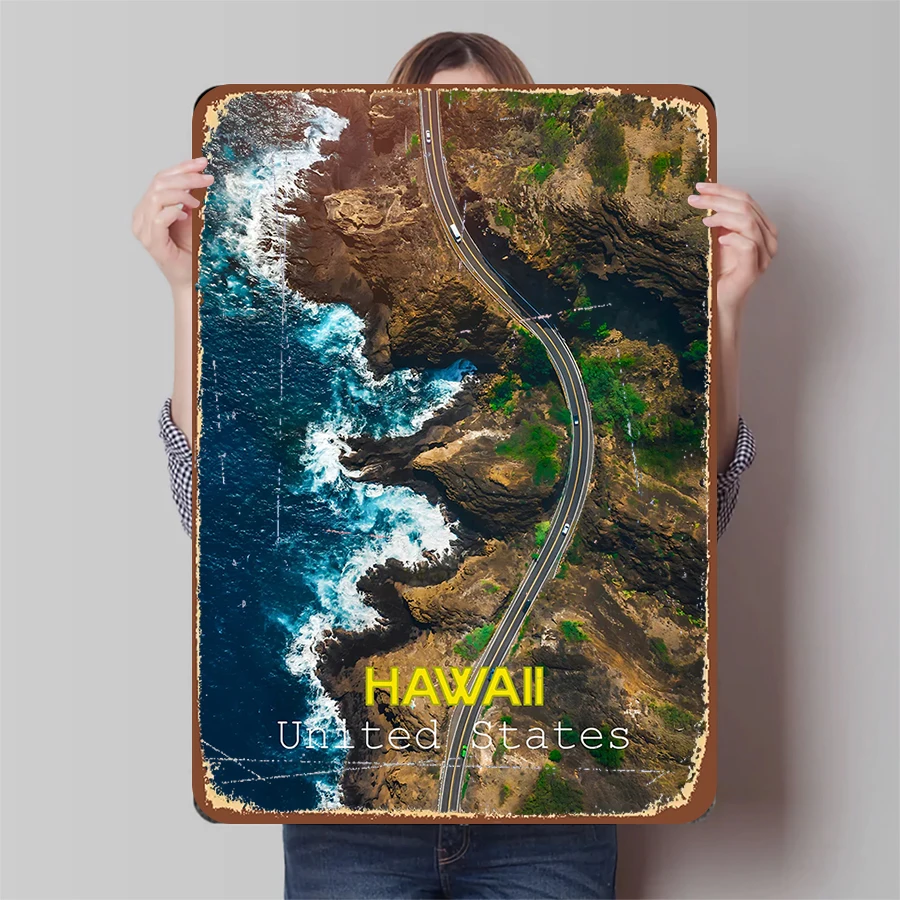 Hawaii Coastal Highway Landscape Metal Wall Art Home Decor for Living Room Dining Office Hanging Painting