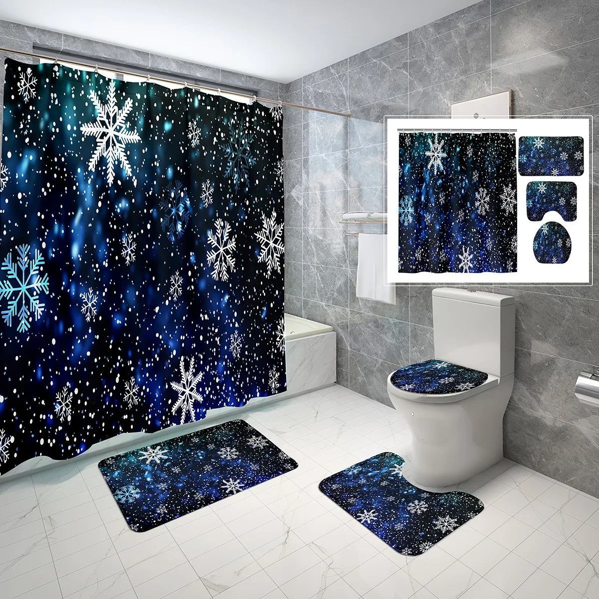 4 Pcs Snowflake Shower Curtain Sets with Toilet Lid Cover and Bath Mat White Snowflake Girly Pink Waterproof Bathroom Decor Sets