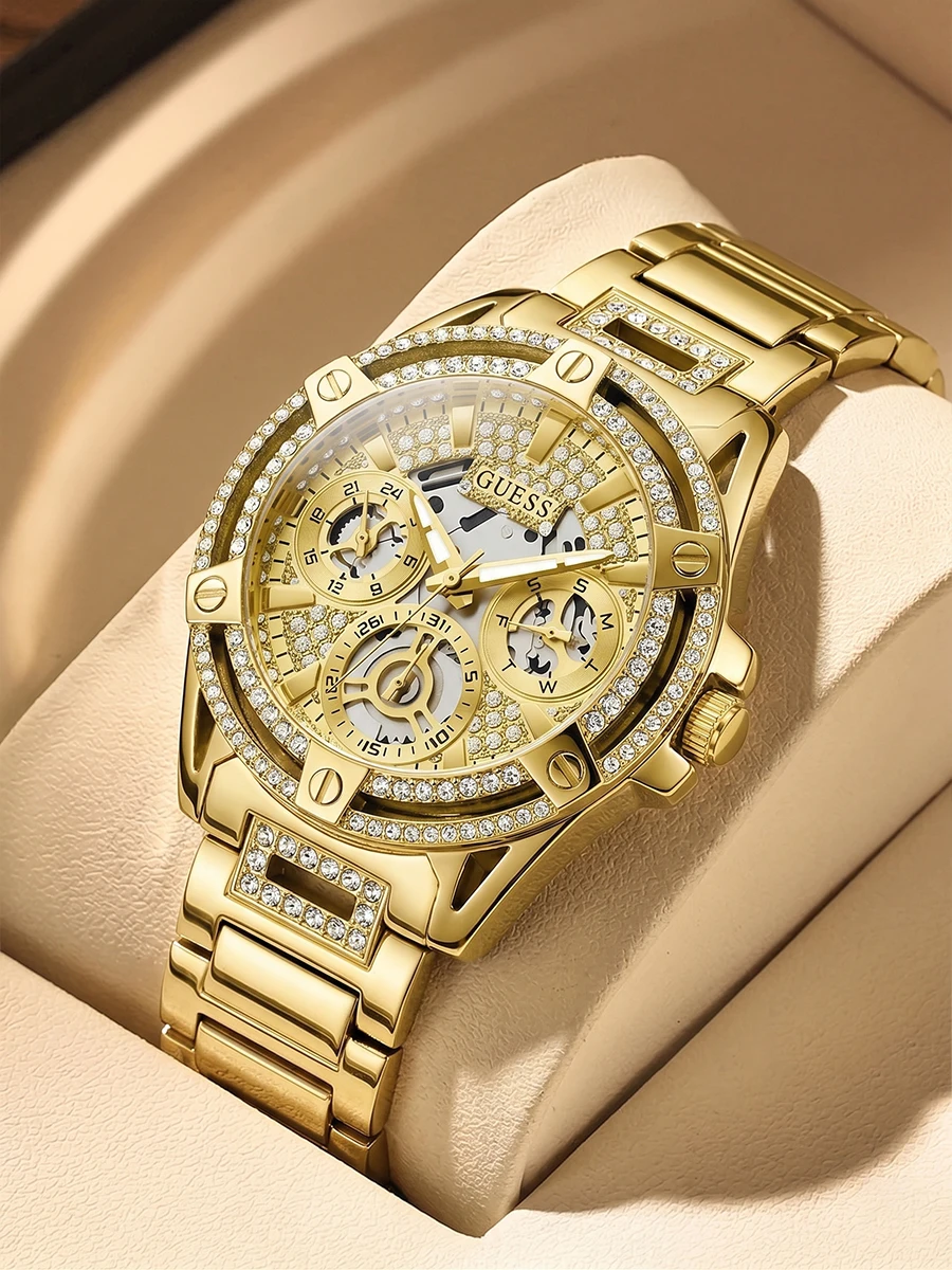 Relógio Feminino GUESS Luxuoso com Cristais, Multifuncional, Pulseira de Aço Inoxidável Dourada/Rosa Dourada para Presente de Festa e Uso Diário