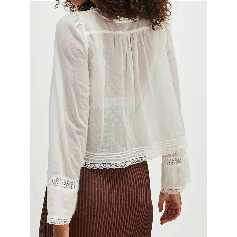 

AG-Women Tie Front Long Sleeve Top Lace Trim Button Shirt Square Neck Loose Blouse Going Out Y2k Clothes