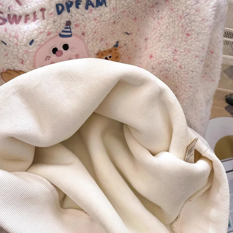 Lamb Wool Sweatshirt Women's Winter Plus Velvet Embroidery Round Neck Top Plus Size Women's Pullover