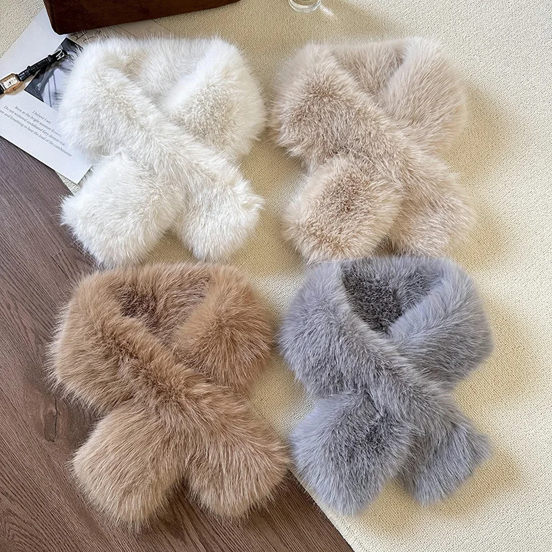 

Cross Scarf For Women Winter Keep Warm Thick Plush Neck Collar Solid Color Fake Rabbit Fur Snood Scarves Warmer Girl Gift E1629