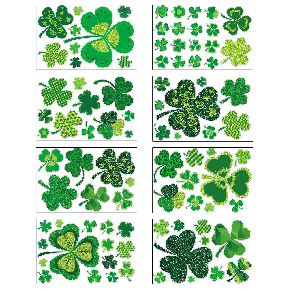

8 Sheets St Patrick Day Shamrock Static Sticker Reusable PVC Material Window Glass Decor Party Festival Background Decal