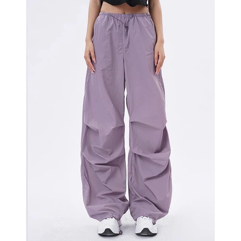 Cargo Pants Women Purplu Pleated Loose High Waist Hip-Hop Street Trousers Fashion Harajuku Y2K Solid Drawstring Wide Leg Pants