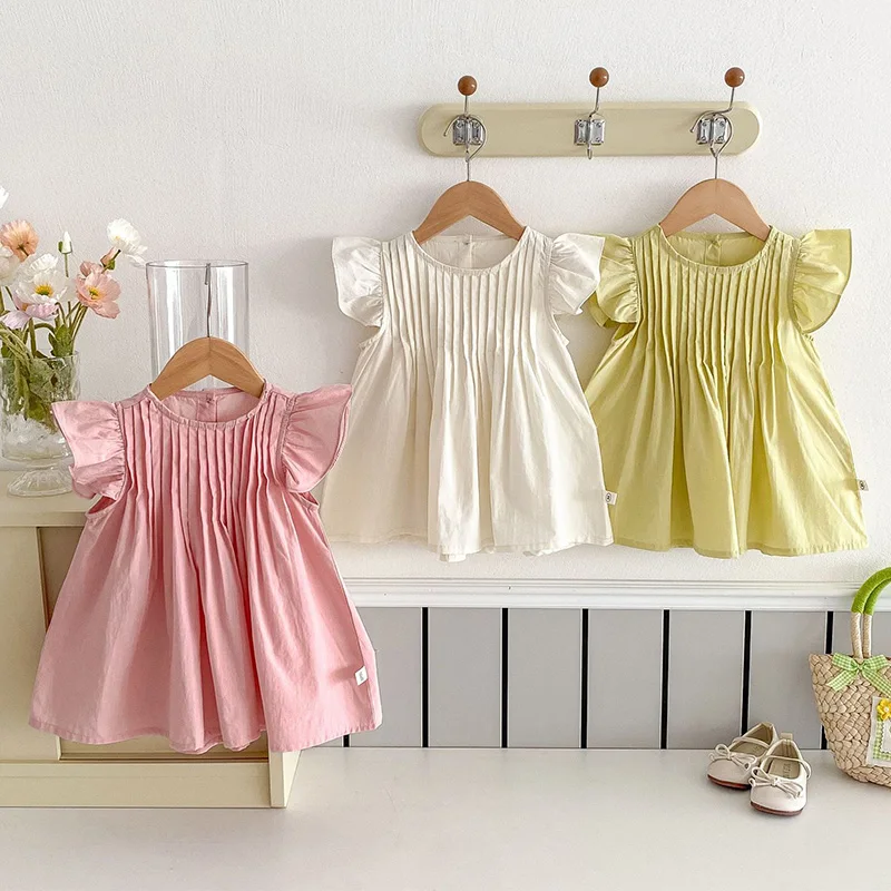 

Children Summer Dresses Flying Sleeve Girls Dress Solid Color Fashion Princess Dress for Baby Solid Color Kids Clothes 0-5T