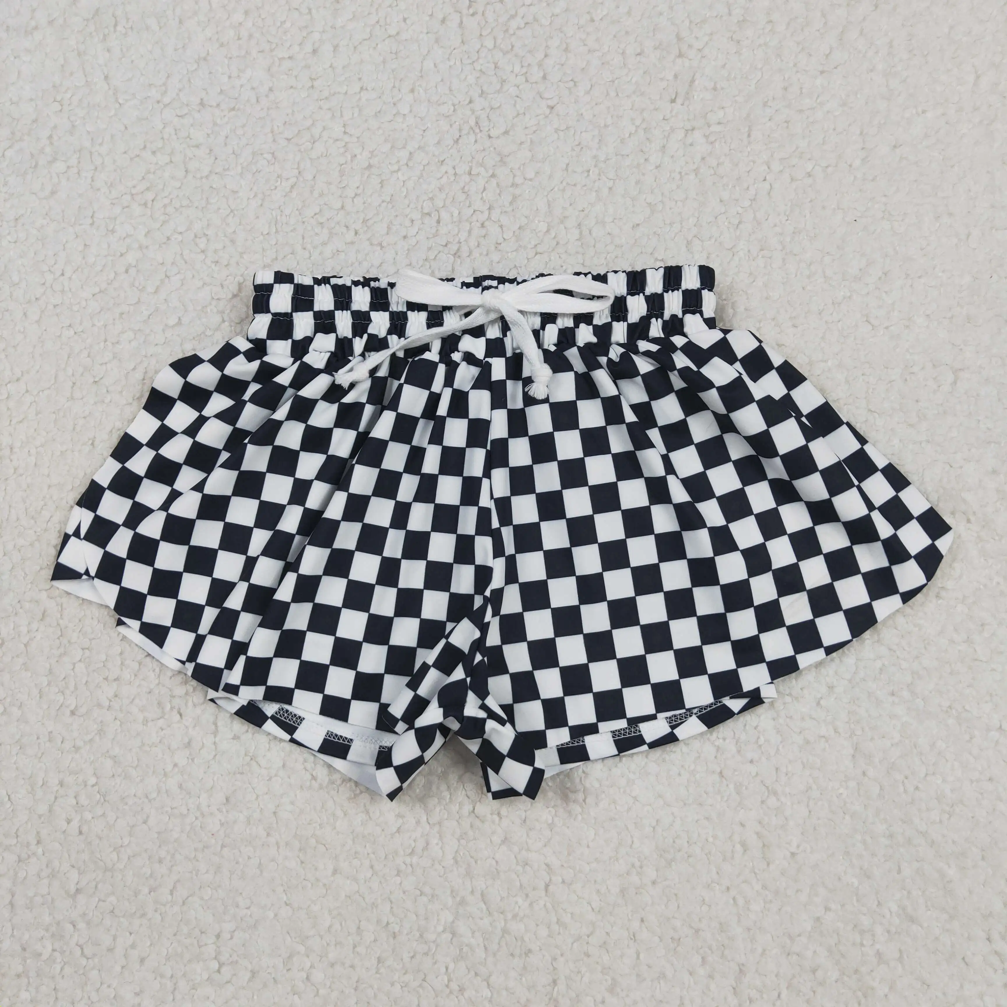Wholesale Toddler Yoga Athletic Girls Kids Children Active Black Checked Clothes Baby Girl Adjustable Summer Ruffle Shorts