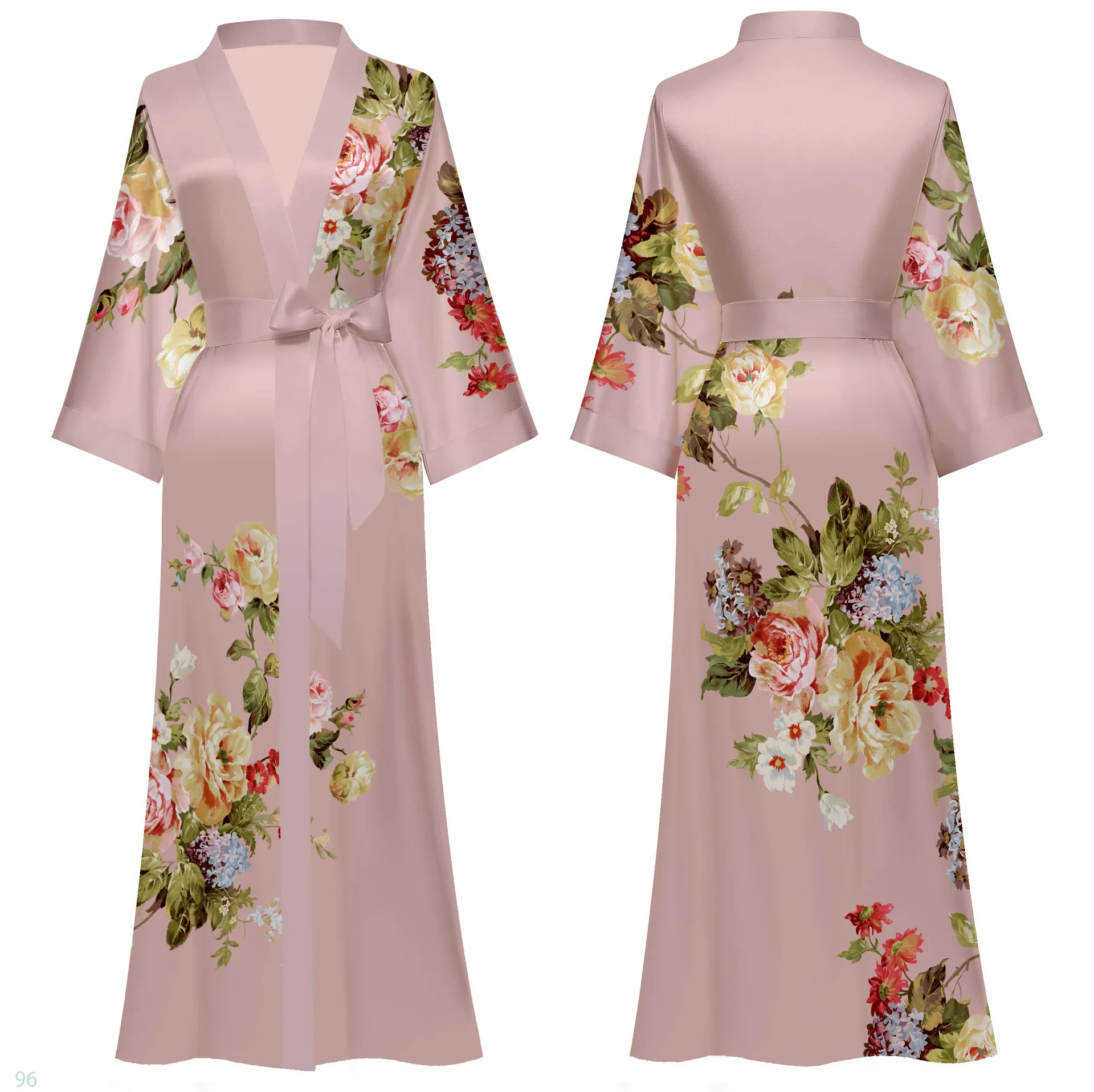 Flower Print Long Robe Women's Large Size Half Sleeve Kimono Bathrobe Sleepwear Silky Satin Homewear Loungewear Dressing Gown