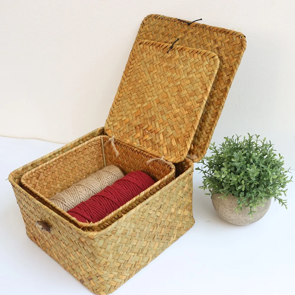 Handmade 4Pcs Set storage basket with lid rectangular seaweed rattan fabric cosmetics multi-purpose container natural box